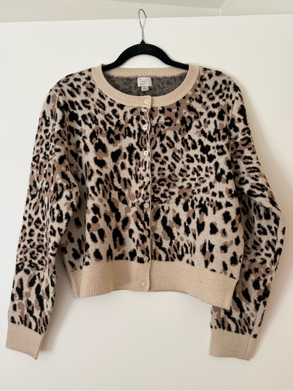 a new day Beige and Black Leopard-Print Button Cardigan